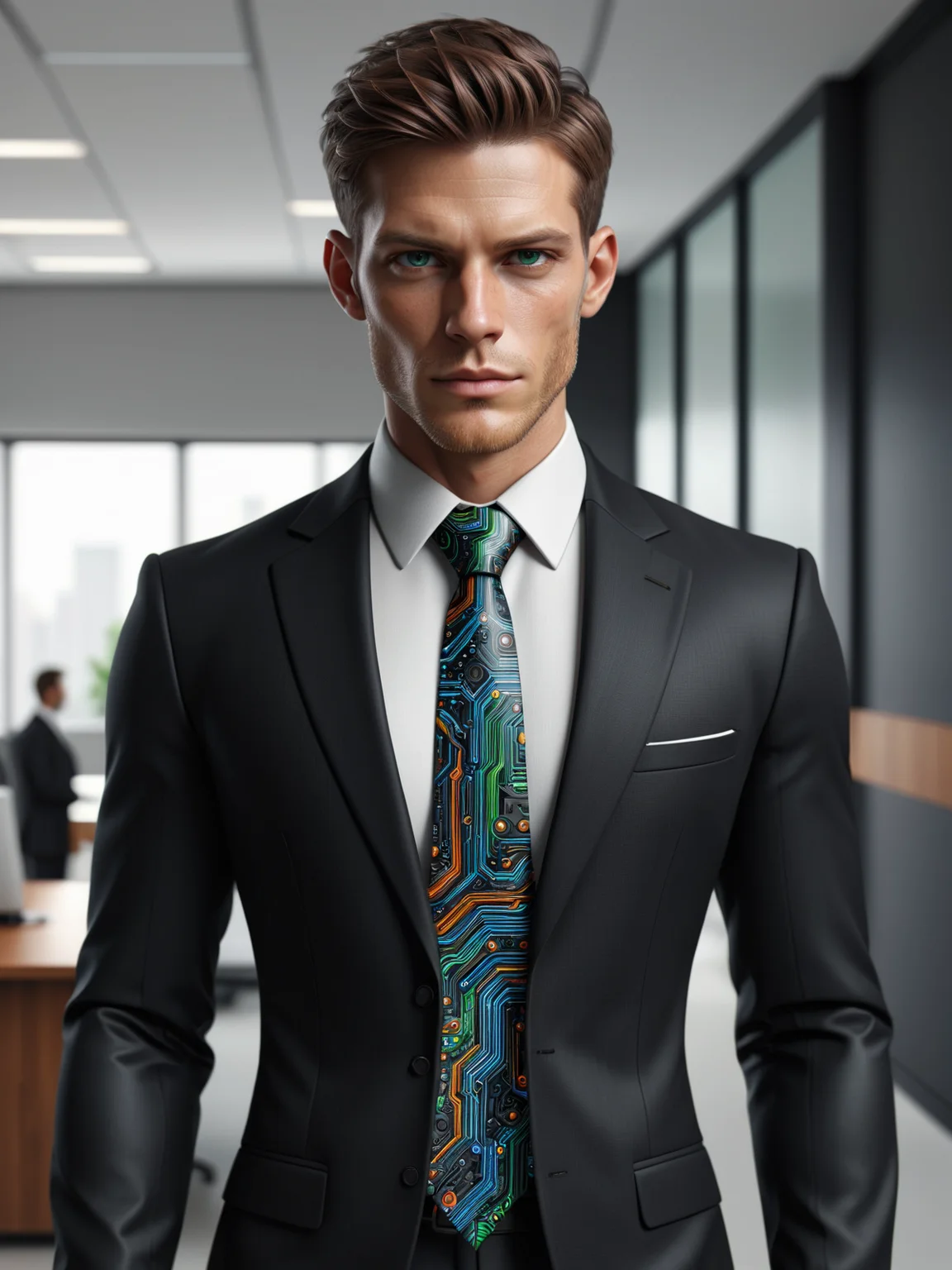 man wearing a mad-circuit necktie and white shirt and black suit in office<lora:Colorful_Circuit_SDXL:0.5>, (masterpiece:1.2), best quality, (hyperdetailed, highest detailed:1.2), high resolution textures