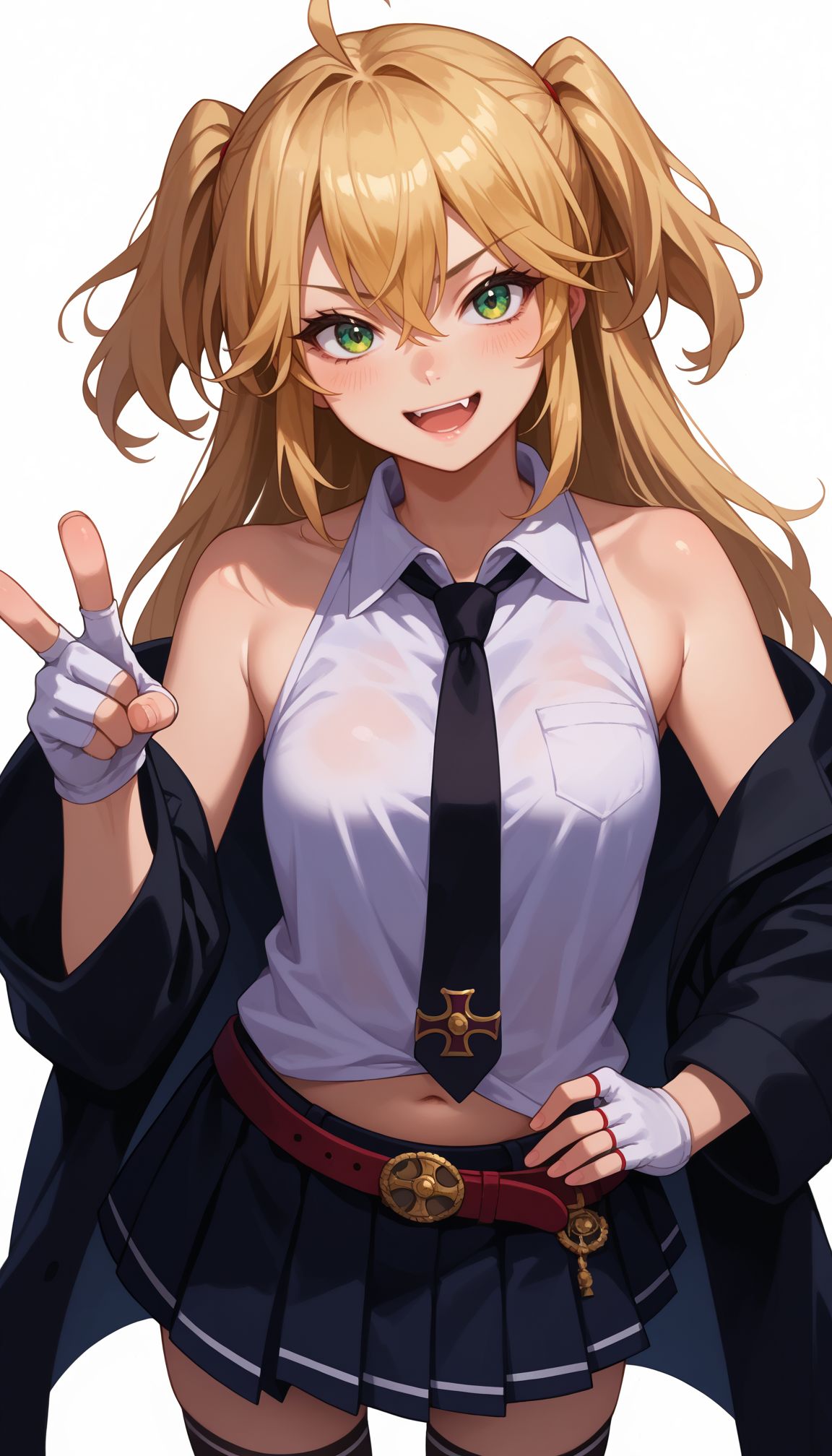 score_9,score_8_up,score_7_up,score_6_up, source_anime, hand on hips, smile
 <lora:Admiral Hipper:1>, AZHipper, 1girl, blonde hair, green eyes, long hair, open mouth, fang, ahoge, fingerless gloves, blush, black skirt, black thighhighs, navel, breasts, white gloves, white background, looking at viewer, white shirt, two side up, pleated skirt, simple background, belt, bare shoulders, jacket, open coat, open clothes, off shoulder, bangs, iron cross, sleeveless shirt, pointing at viewer, black necktie, zettai ryouiki, black coat, hair between eyes, miniskirt, collared shirt, smile