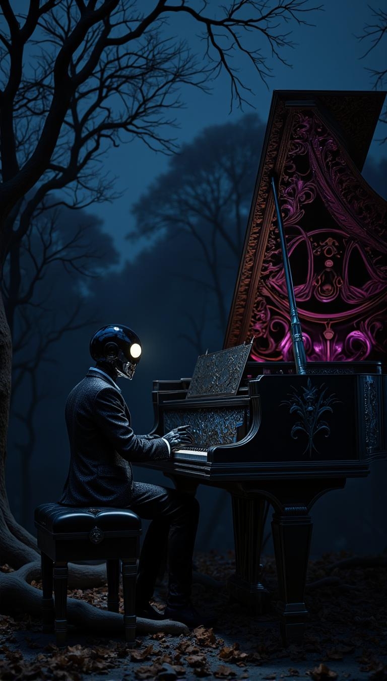 <lora:d2j3m0x-flux-lora.safetensors:1> d2j3m0x
In a hauntingly beautiful scene, a figure clad in a pristine tuxedo sits poised before a colossal, black piano shell. The piano, an imposing presence, is adorned with intricate, gilded baroque patterns that weave through the dark surface, their metallic sheen reflecting the faint, ethereal light. The figure's head is a polished black sphere, with two luminous, white orbs that serve as eyes, casting a solemn, almost otherworldly gaze. The tuxedo, a blend of classical elegance and mechanized refinement, is embellished with delicate, embossed textures and glinting, silver accents that catch the light in mesmerizing flashes.
The setting is a stark, nocturnal landscape, where gnarled, twisting tree branches reach skyward, their bare limbs etched against a dark, starless sky. The ground is littered with dry, brittle leaves, their forms catching the shadows and adding to the melancholic ambiance. The air is thick with a sense of mystery and calm, as if the world around is holding its breath.
The figure’s hands, gloved in fine, shimmering silk, rest delicately on the keys, which glimmer with a soft, opalescent light. The piano, a masterpiece of gothic-fantasy realism, is a symphony of rich purples, royal blues, and shimmering golds, balanced by deep, dark tones and subtle highlights of crimson. The lighting, cast from unseen sources, creates a dramatic interplay of shadow and light, emphasizing the ethereal glow of the reflective surfaces and the intricate, layered designs.
The scene is a tapestry of intricate detail and refined, fantastical elegance, where the boundary between the real and the imagined blurs, inviting the viewer into a world of awe and enigmatic charm.