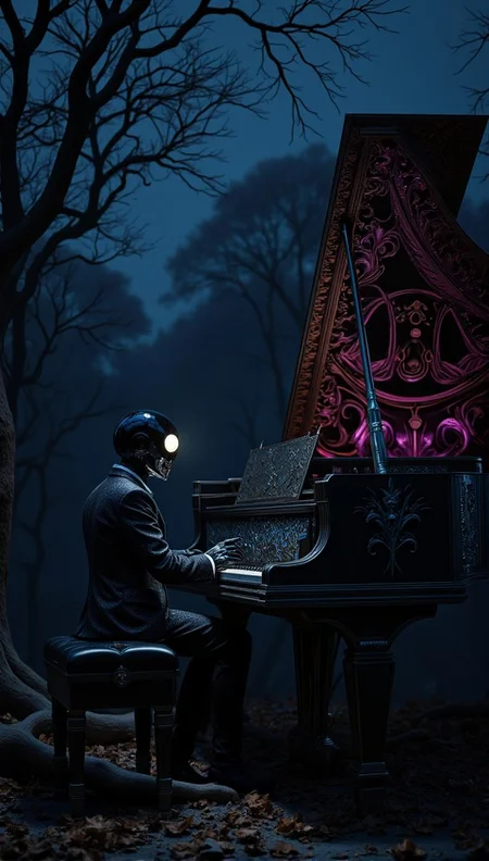 <lora:d2j3m0x-flux-lora.safetensors:1> d2j3m0x
In a hauntingly beautiful scene, a figure clad in a pristine tuxedo sits poised before a colossal, black piano shell. The piano, an imposing presence, is adorned with intricate, gilded baroque patterns that weave through the dark surface, their metallic sheen reflecting the faint, ethereal light. The figure's head is a polished black sphere, with two luminous, white orbs that serve as eyes, casting a solemn, almost otherworldly gaze. The tuxedo, a blend of classical elegance and mechanized refinement, is embellished with delicate, embossed textures and glinting, silver accents that catch the light in mesmerizing flashes.
The setting is a stark, nocturnal landscape, where gnarled, twisting tree branches reach skyward, their bare limbs etched against a dark, starless sky. The ground is littered with dry, brittle leaves, their forms catching the shadows and adding to the melancholic ambiance. The air is thick with a sense of mystery and calm, as if the world around is holding its breath.
The figure’s hands, gloved in fine, shimmering silk, rest delicately on the keys, which glimmer with a soft, opalescent light. The piano, a masterpiece of gothic-fantasy realism, is a symphony of rich purples, royal blues, and shimmering golds, balanced by deep, dark tones and subtle highlights of crimson. The lighting, cast from unseen sources, creates a dramatic interplay of shadow and light, emphasizing the ethereal glow of the reflective surfaces and the intricate, layered designs.
The scene is a tapestry of intricate detail and refined, fantastical elegance, where the boundary between the real and the imagined blurs, inviting the viewer into a world of awe and enigmatic charm.