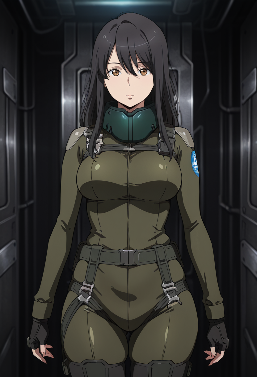 masterpiece, best quality, amazing quality, very aesthetic, absurdres, newest, illustration, perfect composition, intricate details, highres, anime coloring, 1girl, solo, (cowboy shot:1.2), yukiww, mature female, brown eyes, black hair, long hair, bangs, hair between eyes, aldnoahsuit, neck guard, breasts, black fingerless gloves, black boots, looking at viewer, shiny body, shiny skin, skindentation, clear skin, shiny hair, ultra detailed eyes, depth of field, sharp, intricate details, hyperdetailed, ultra-detailed, detailed clothing folds, high contrast, dynamic light <lora:Kaizuka_Yuki_Aldnoah_Zero_ill_v1.1:1>