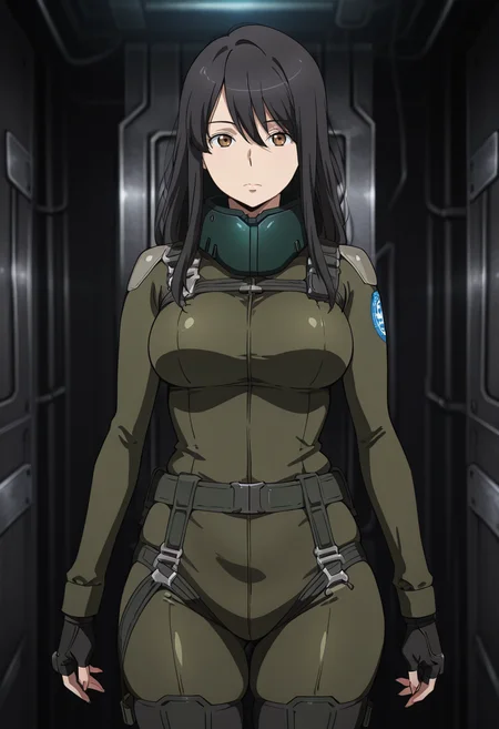 masterpiece, best quality, amazing quality, very aesthetic, absurdres, newest, illustration, perfect composition, intricate details, highres, anime coloring, 1girl, solo, (cowboy shot:1.2), yukiww, mature female, brown eyes, black hair, long hair, bangs, hair between eyes, aldnoahsuit, neck guard, breasts, black fingerless gloves, black boots, looking at viewer, shiny body, shiny skin, skindentation, clear skin, shiny hair, ultra detailed eyes, depth of field, sharp, intricate details, hyperdetailed, ultra-detailed, detailed clothing folds, high contrast, dynamic light <lora:Kaizuka_Yuki_Aldnoah_Zero_ill_v1.1:1>