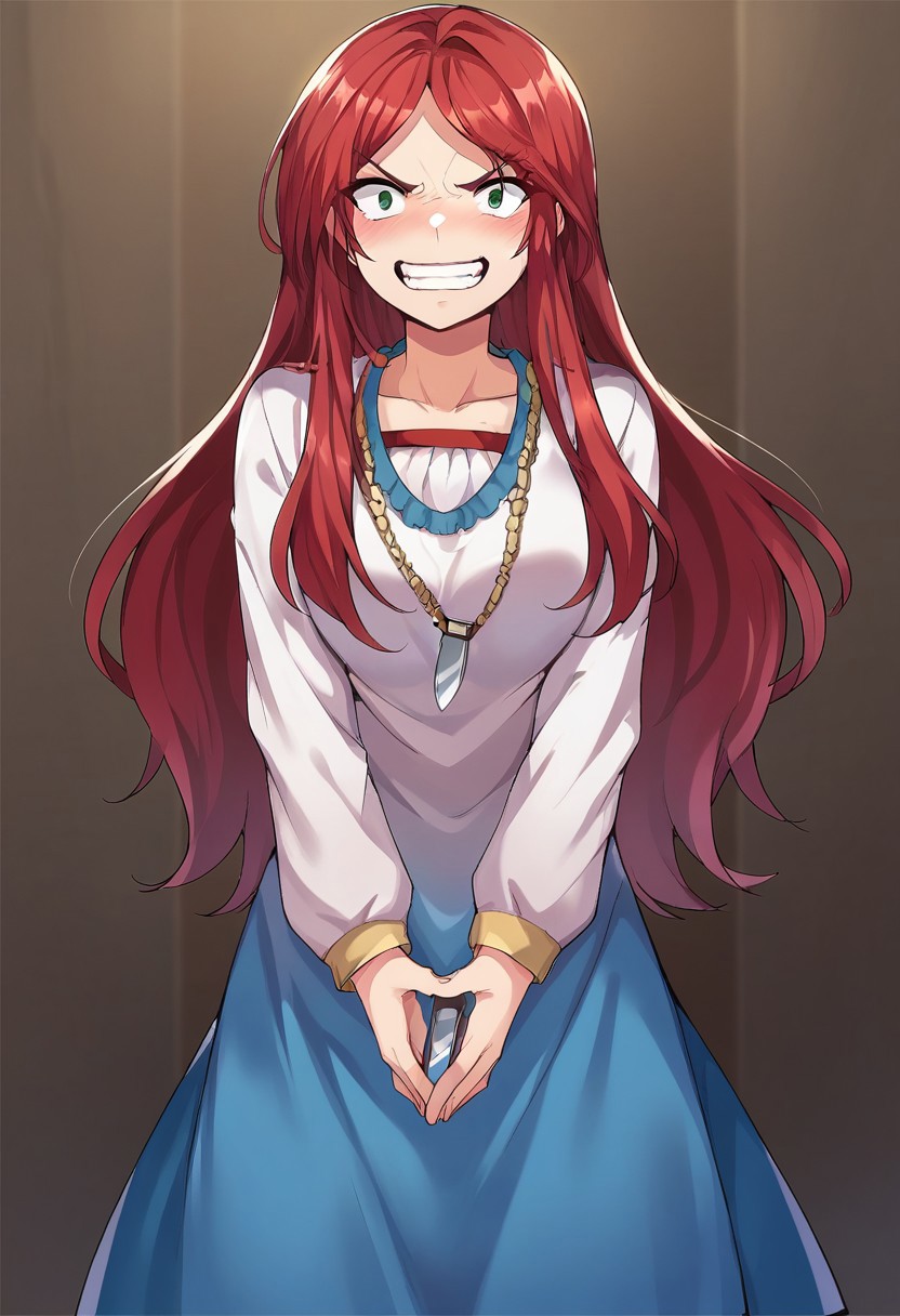 score_9, score_8, score_7, cckarin, teeth, holding knife, yandere, angry, blush, collarbone, smile, clenched teeth, open mouth, own hands together