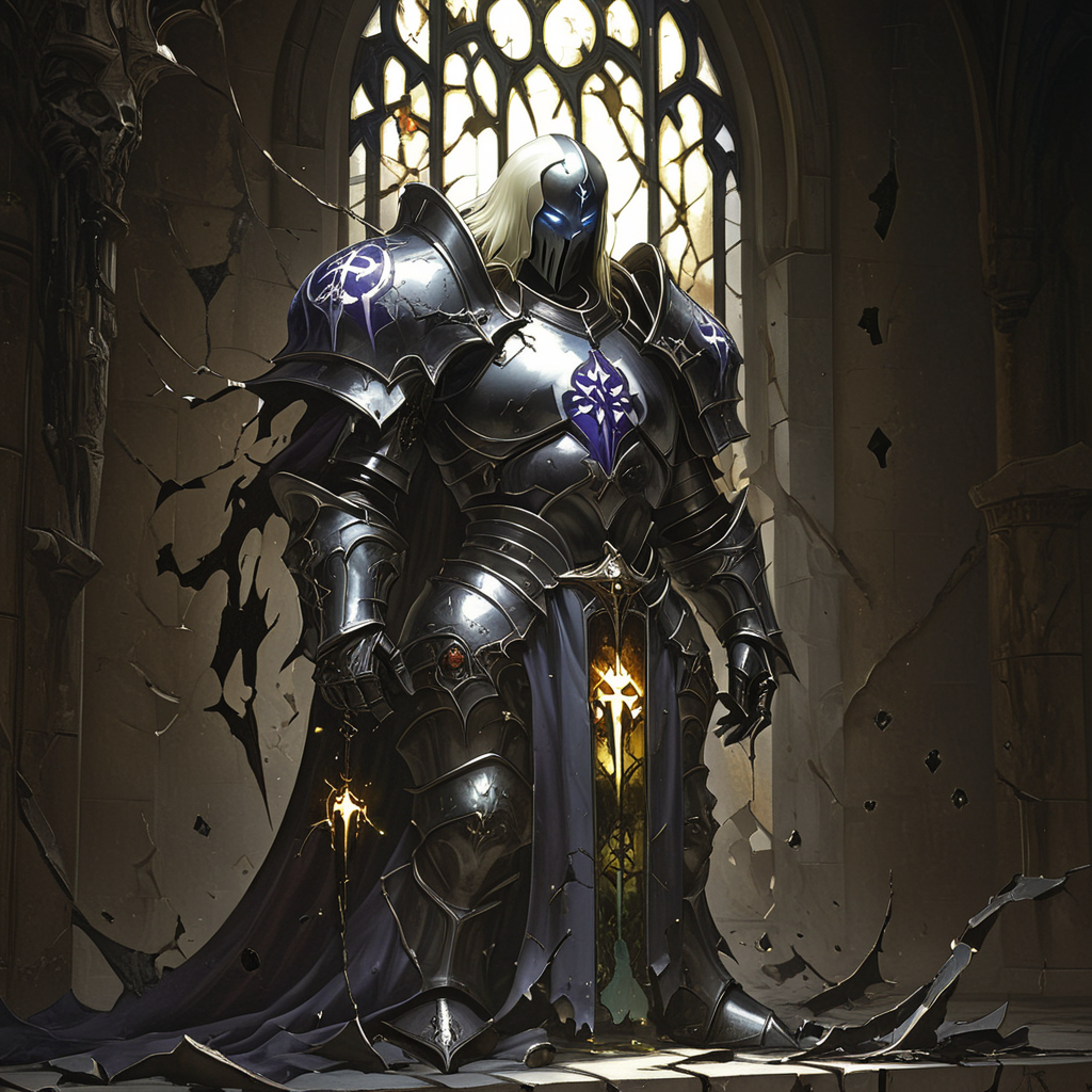 ArsMJStyle, dnddarkestfantasy,  <lora:DnD_Darkest_Fantasy_Party:1>,   Cursed Paladin's Fall, The image depicts a once-noble paladin consumed by dark energy. Their armor is cracked and tarnished, emitting an ominous glow. Corrupted holy symbols float around them, while shadowy tendrils creep up their legs. The background shows a desecrated temple with shattered stained glass., no humans, armor, dark magic, corruption, holy symbol, temple, stained glass, shadows, ominous glow, fantasy, fallen hero, atmospheric