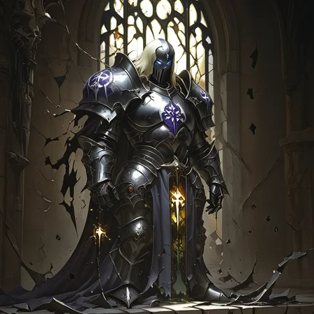 ArsMJStyle, dnddarkestfantasy, <lora:DnD_Darkest_Fantasy_Party:1>, Cursed Paladin's Fall, The image depicts a once-noble paladin consumed by dark energy. Their armor is cracked and tarnished, emitting an ominous glow. Corrupted holy symbols float around them, while shadowy tendrils creep up their legs. The background shows a desecrated temple with shattered stained glass., no humans, armor, dark magic, corruption, holy symbol, temple, stained glass, shadows, ominous glow, fantasy, fallen hero, atmospheric