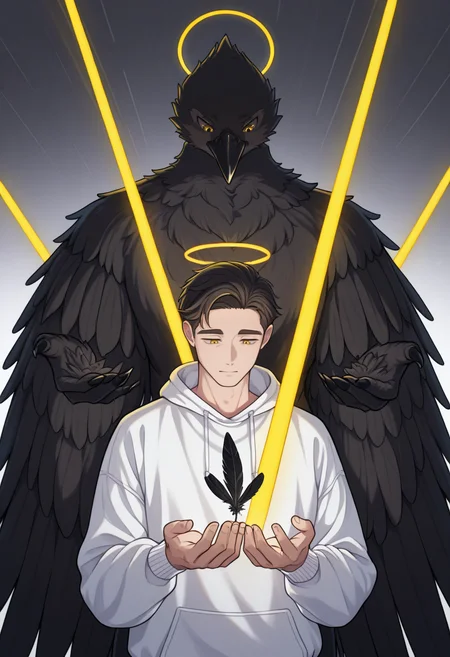 <lora:Lines_Light_Background_Illustration:1.0>, lines_light_background, white background,dynamic yellow neon line in the background, (black spear through him:1.2), spears, white hoodie, look down,  1boy, floating, halo, yellow eyes, mature,  black feathers on hands,
