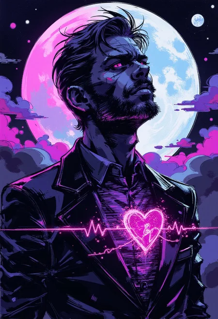 A male figure stands against a pulsating synthwave moon, its surface flickering with glitching neon patterns like a corrupted digital file. A glowing heartbeat wave pulses erratically through his chest, crackling with raw energy, as if his very existence is unstable. His face is streaked with grime and soot, his suit torn yet illuminated by glitching neon threads. His neon-purple eyes glow intensely, casting an eerie light onto his dirtied skin. His head tilts at an unnatural angle, as if controlled by an unseen force. The abstract background warps and shifts, merging geometric patterns with chaotic neon swirls, giving the impression of an unstable digital reality. His presence is both haunting and mesmerizing, like a glitch in time—flickering between dimensions.