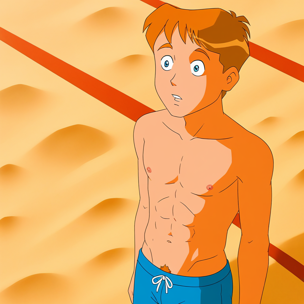 embedding:Pony\Positive\zPDXL3, masterpiece, best quality, good quality, male focus, jason_hightower_totally_spies, solo, aged up, 18 years old, 1boy, mature male, mature man's body, male focus, high resolution, slim body, outdoors, beach, sand, coney island, large head, wide head, short hair, reddish-orange hair, reddish-orange eyebrows, blue eyes, reddish-orange sideburns, reddish-orange thin goatee, topless male, blue swimtrunks, beach background, barechest, pectorals, nipples, navel, abs, pubic hair