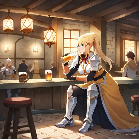 darkness \(konosuba\), 1girl,  full body, detailed, realistic,  standing, <lora:Darkness-000004:1>,  <lora:Anime Style 2 SDXL_LoRA_Pony Diffusion V6 XL:0.8>, sitting, drinking,  white armor, tavern, volumetric lighting, depth of field, cinematic, score_9, score_8_up, score_7_up, score_6_up, score_5_up, score_4_up,