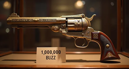 Picture of an ornate revolver in a showcase. The price tag says "1,000,000 BUZZ"