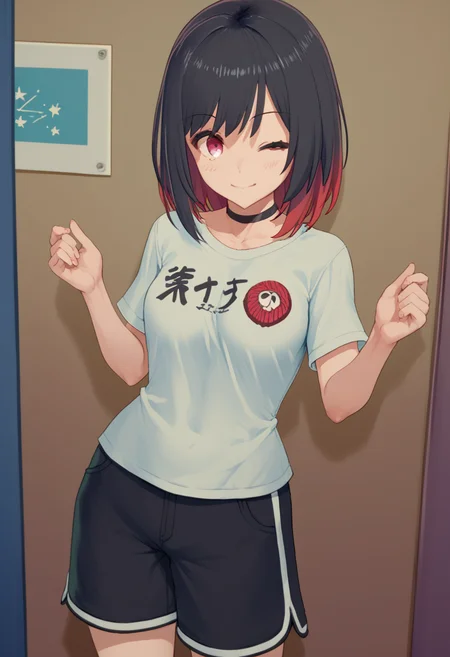 source_anime, score_9, score_8_up, score_7_up, score_6_up, score_5_up, score_4_up, 1 girl, solo, <lora:Rin_Rokuhara_from_LiL_PonyXL:0.8>, rin_rokuhara, breasts, black shorts, wink, shirt, colored inner hair, black choker,medium hair, bangs, short sleeves, white shirt,, <lora:cutesexyronutts_style_xl:1> csr style,,(space station, Mountain biking on a trail),