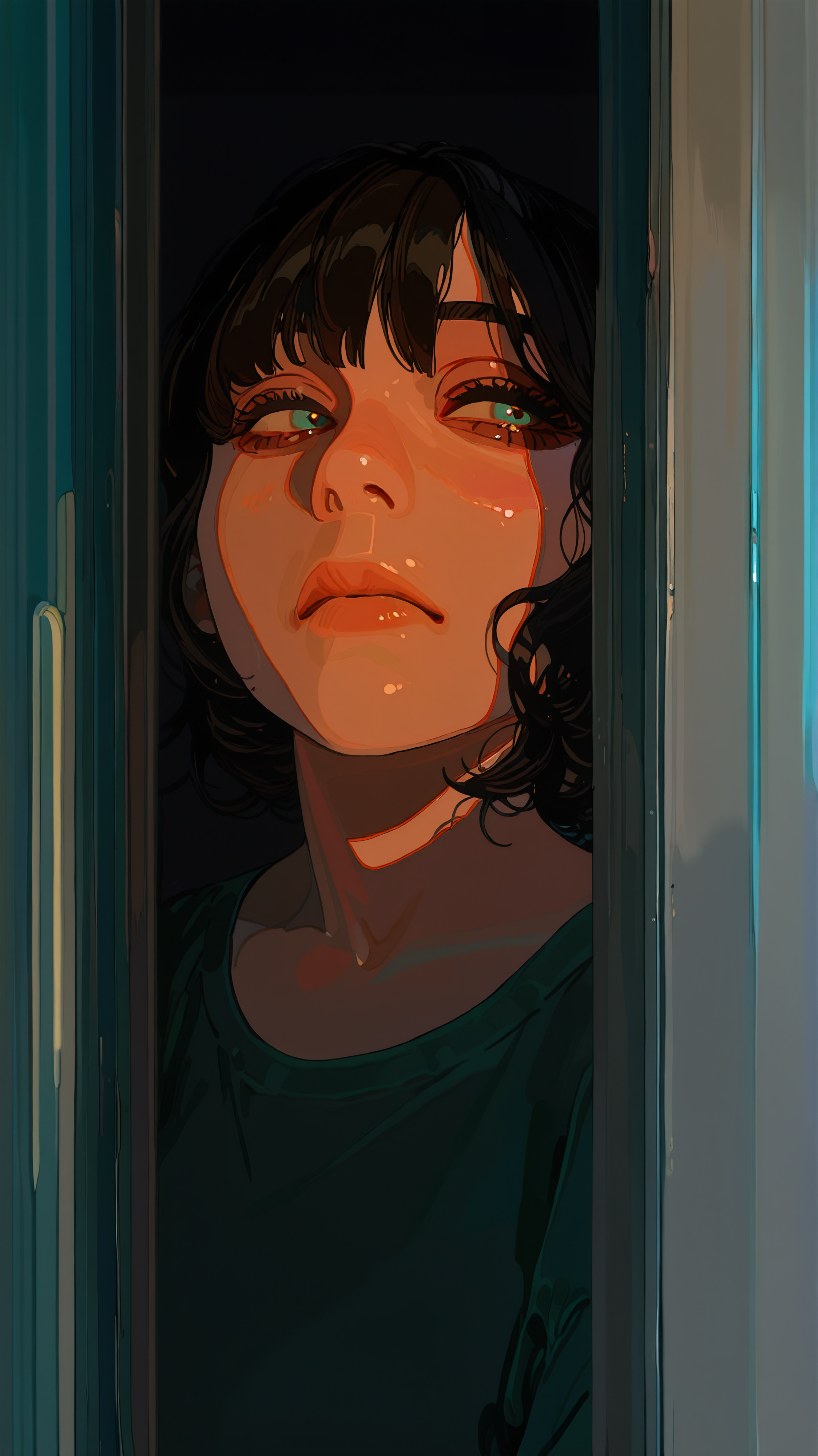 masterpiece, newest,absurdres,incredibly absurdres, best quality, amazing quality, very aesthetic, ligne claire, casual,
1girl, dark, spot light, warm light,
 <lora:Semi-realism_illustrious:1> Semi-realism  <lora:Elijah_pink_artstyle:1>