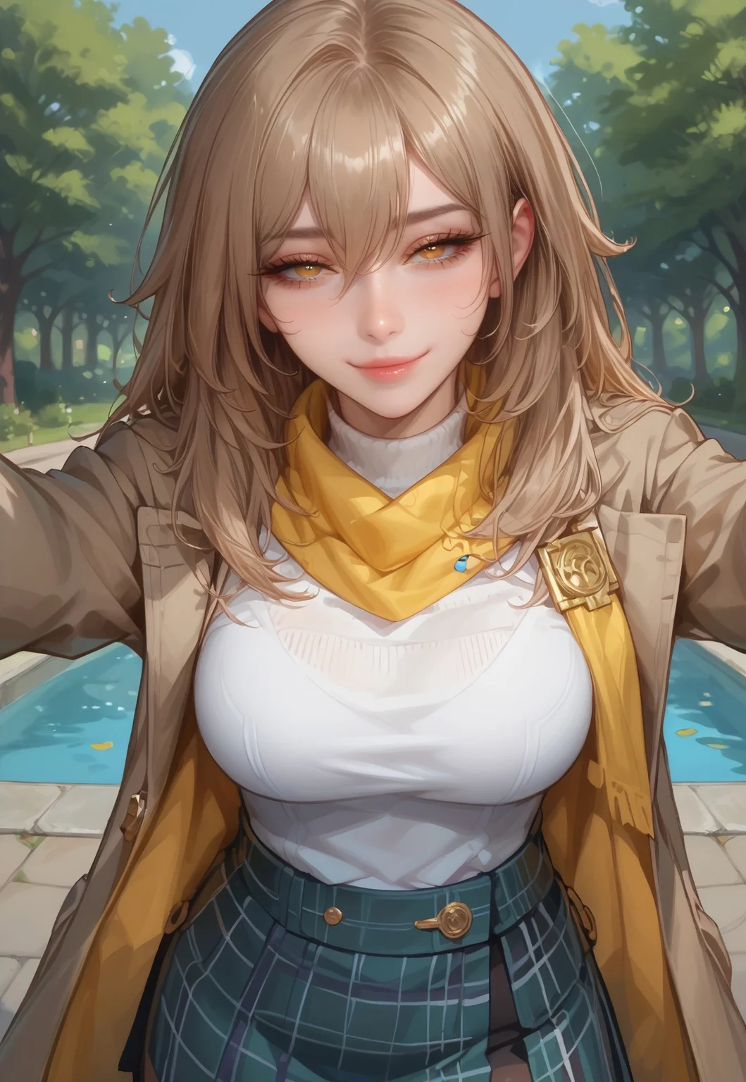 safe_pos, score_9, score_8_up, score_7_up, source_anime, NSFW, (((1girl, solo, solo focus))), (best quality, high quality), (((stelledef, yellow eyes, light brown hair, long hair, hair between eyes))), sad expression, (mature face, milf, 40 years old), (olive skin tone), (petite body, large breasts), (yellow eyes), sexy lips, perfect lips, defined nose, looking at viewer, closed mouth, blushing, seductive look, (((standing, slight smile, bedroom eyes, arms reaching for viewer:1.3))), (coat, turtleneck, black_tights, skirt, yellow scarf), outdoors, park, afternoon, (detailed background), upper body, pov, depth of field,