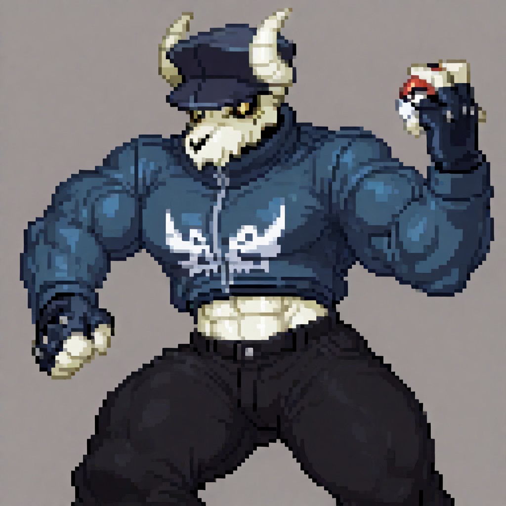 Tabi, skull head, goat skull, black sclera, yellow eyes, jacket, blue jacket, muscular, Muscles Hyper Buff, pants, black pants, fingerless gloves, white skin, dark blue hat, holding pokeball, solo
