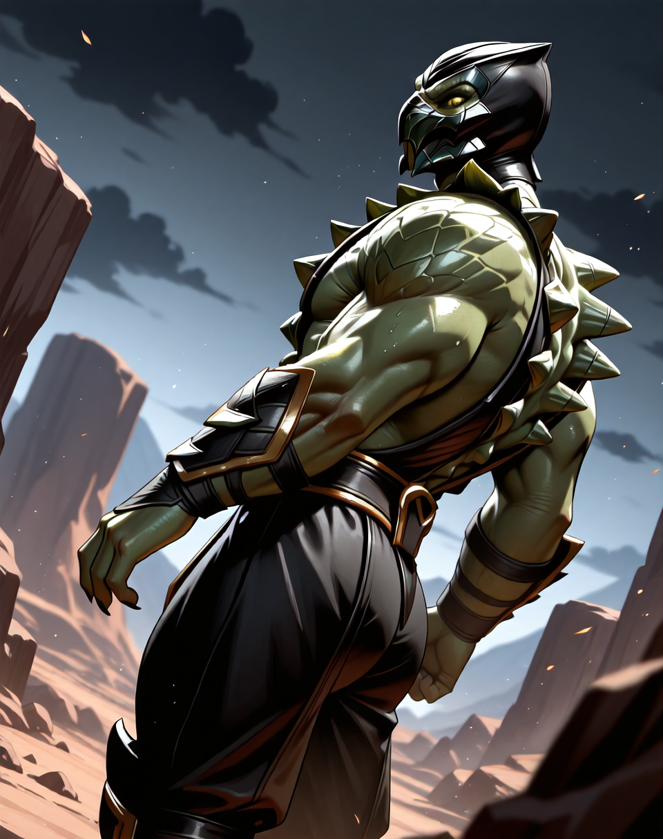 <lora:Reptile_X_(Mortal_Kombat)_(Illustrious)_(AD):1> Reptile_MK, muscular, Mortal Kombat, 
dutch angle, exterior, monumental architecture, wasteland, dark night sky with black clouds, 
male focus, gradient coloring, villain, intimidating, fierce, side view, butt, 
BREAK very awe, aesthetically pleasing, masterpiece, best quality, amazing quality, very aesthetic, perfect depth of field shot, in'ei, source_furry, furry_art, 
Smooth Quality, lazympos, IllustQualXL_Pos,