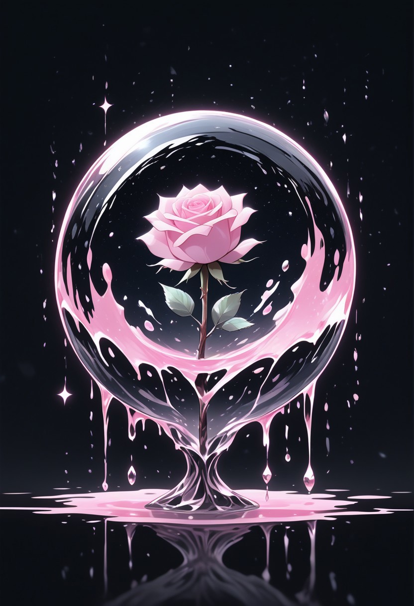 (masterpiece), best quality, Anime, Illustration, (Floating Sphere, Crystal, Magic, Reflection, Melting, Dripping, Pink Rose), Black Background, No Humans, Starry Theme, (Light Refraction), White and Pink Theme, Natural Lighting, Verynsty