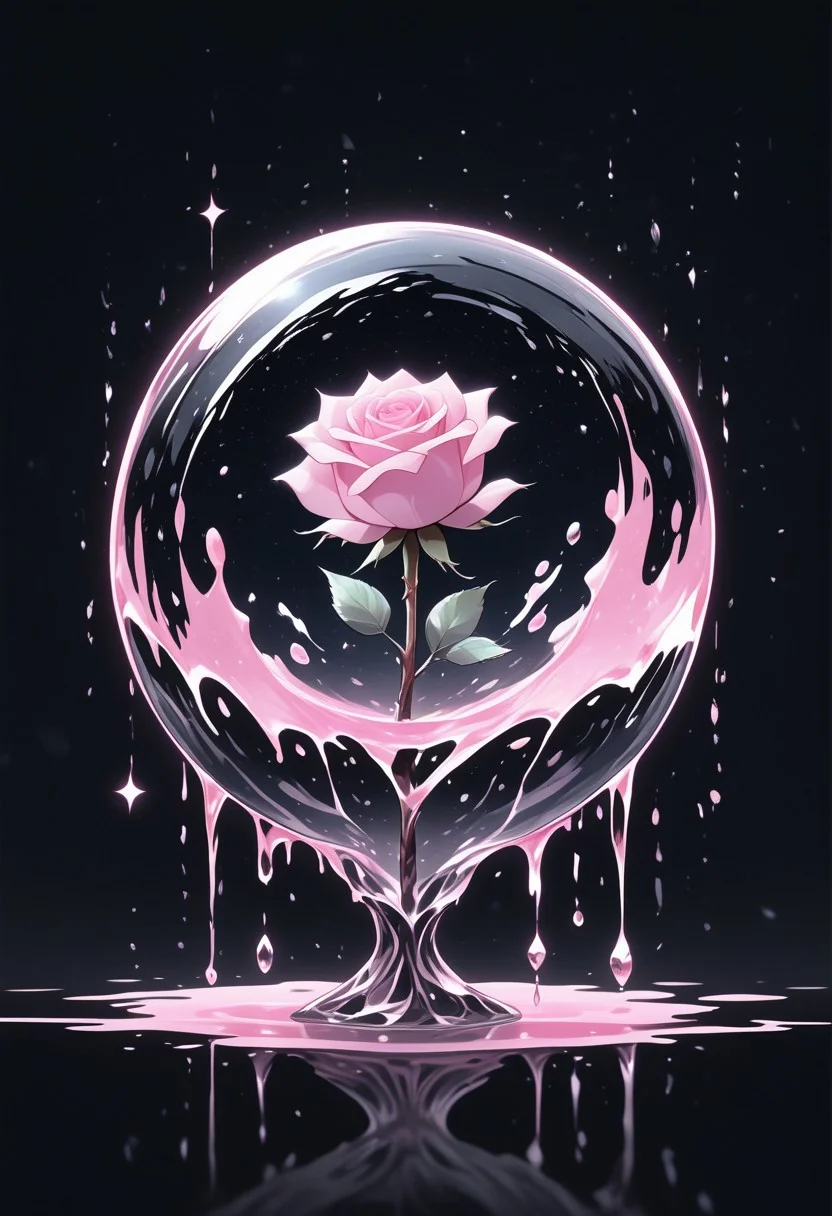 (masterpiece), best quality, Anime, Illustration, (Floating Sphere, Crystal, Magic, Reflection, Melting, Dripping, Pink Rose), Black Background, No Humans, Starry Theme, (Light Refraction), White and Pink Theme, Natural Lighting, Verynsty
