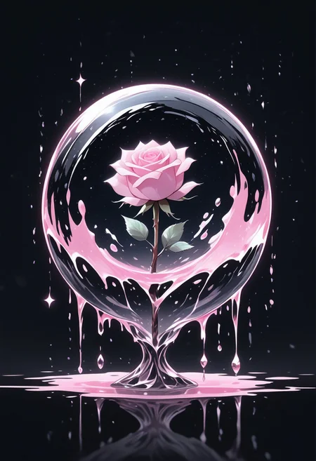 (masterpiece), best quality, Anime, Illustration, (Floating Sphere, Crystal, Magic, Reflection, Melting, Dripping, Pink Rose), Black Background, No Humans, Starry Theme, (Light Refraction), White and Pink Theme, Natural Lighting, Verynsty