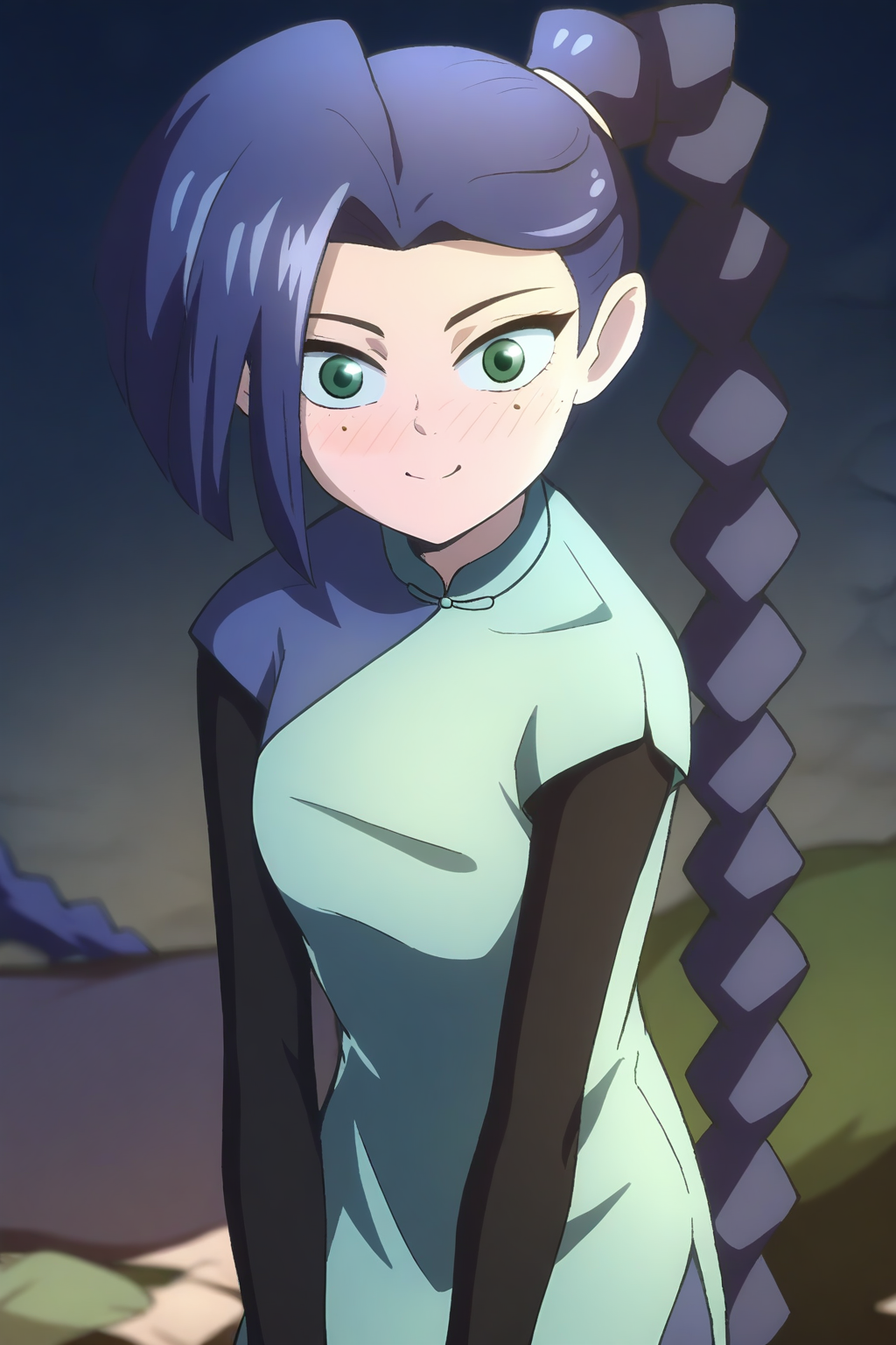 <lora:meihuashisan:1>,meihuashisan,1girl,solo,long hair,blue hair,mole,mole under eye,green eyes,
layered sleeves,short over long sleeves,braided ponytail,long sleeves,dress,blue dress,chinese clothes,braid,single braid,
smile,blush,light_blush,looking at viewer,, masterpiece,best quality,amazing quality,absurdres, anime screenshot, lazypos ,