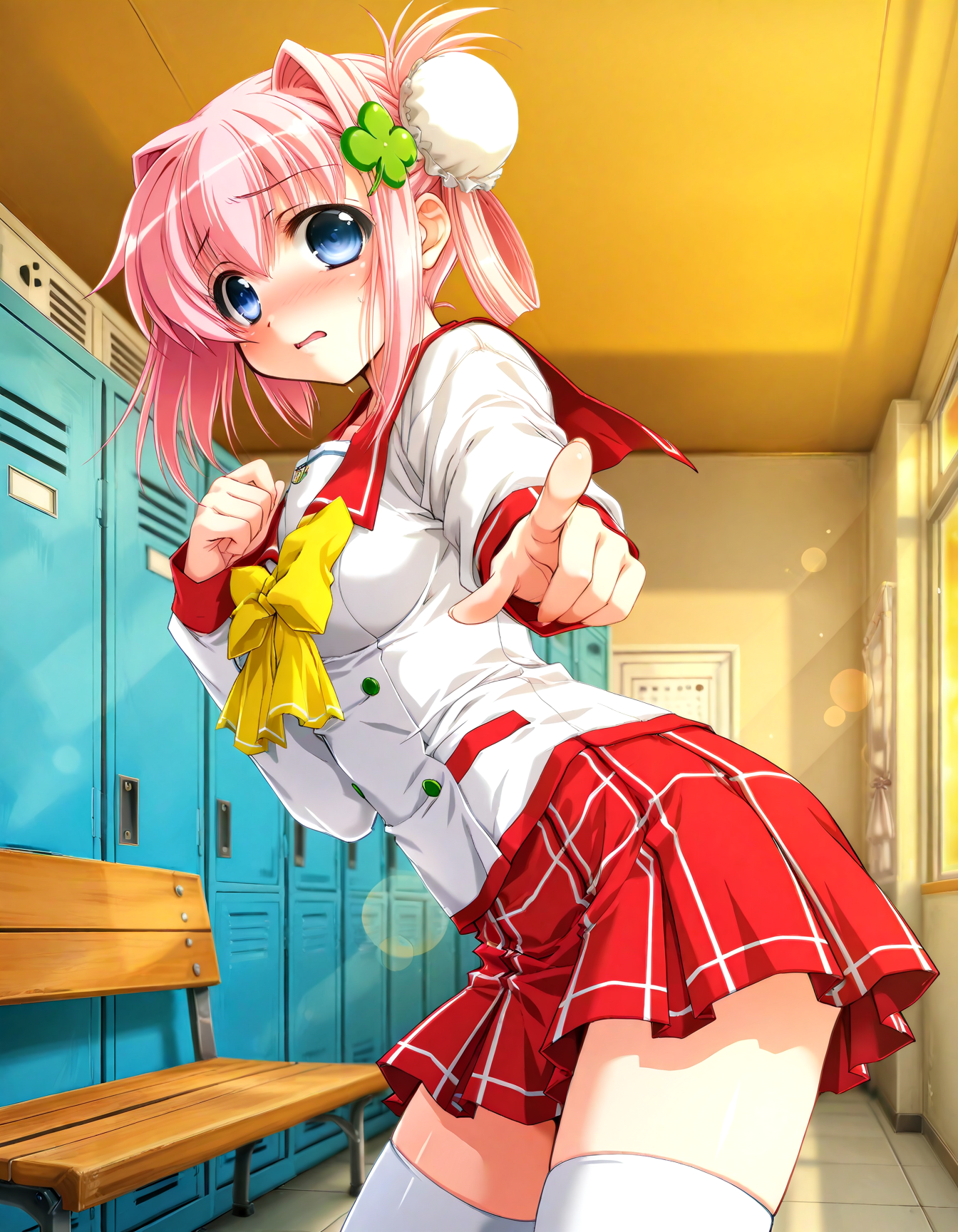 (1girl, solo:1.3), (2girls, 3girls, 4girls, multiple girls, 2boys, 3boys, 4boys, multiple boys:-1.5) <lora:Ainame_Chisato_Hachukano_Illustrious:0.9>, Ainame Chisato, medium breasts, blue eyes, pink hair, short hair, bangs, hair intakes, hair between eyes, sidelocks, bun cover, single hair bun, hair bun, four-leaf clover hair ornament, clover hair ornament, hair ornament, school uniform, serafuku, sailor collar, long sleeves, yellow bow, bowtie, pleated skirt, plaid skirt, red skirt, miniskirt, white thighhighs embarrassed, open eyes, general, contrapposto, dynamic pose, pointing at viewer, upper body, from side, from below, , indoors, locker room, locker, wooden bench, (window:-2.0), <lora:NOOB_EPSv1_1_detailer_by_vlnvk_v1_0:1.5>, (photo background:0.7), evening, (tachibana yuu:0.6), inue shinsuke, (kazuma muramasa:0.0), saikawa yusa, (aoi manabu:0.6), abarerumidori, (suzui narumi:0.6), masterpiece, newest, absurdres, 8K, anime screenshot, anime coloring, flat color, official art, film grain, <lora:illustriousXLv01_stabilizer_v1.185c:0.7>, <lora:LECO_Solo:-4.0>,