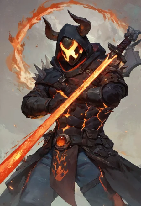 score_9, score_8_up, score_8 (score_9, score_8_up, score_7_up1, a machete made from brimstone and lava, glowing blade and fire effects, helmet, male demon, hidden face <lora:magma_12_lbw_2:1.25>, headdress, composed of fire elements, hood, cowl