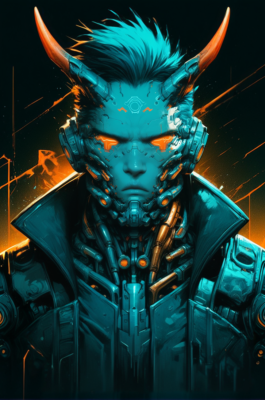 biomechanical style <lora:Neon_Splash_Art_for_Pony:0.9> one male man,serious face, bob, horns, broad shoulders, cyberpunk, looking at viewer, heavy tones, detail, dark background, dramatic, front view <lora:OverallDetail:0.8> <lora:Sinozick_Style_XL_Pony:0.5> <lora:Desolation:0.3> <lora:alexchow:1>, score_9, score_8_up, score_7_up . blend of organic and mechanical elements, futuristic, cybernetic, detailed, intricate