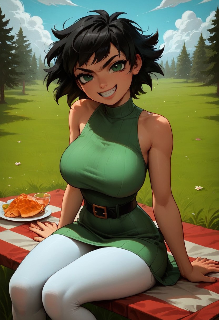 (score_9, score;yy_8_up:1.1), score_7_up, posing, 1girl, solo, big breasts,
1girl, buttercup (/PPG)/,(ultra HD quality details), black hair, short hair, (green eyes), messy hair, dress, short dress, light green dress, sleeveless, thick black belt, white pantyhose,
teeth,grin,smile
looking at viewer, five fingers, perfect eyes, athletic body, hourglass figure, cute face, angry look, glass field, sitting on a picnic table,