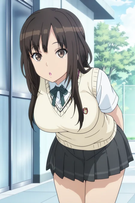 anime screenshot, kamizaki makoto, 1girl, solo, black hair, long hair, brown eyes, large breasts, school uniform, kibito high school uniform, white shirt, collared shirt, short sleeves, yellow sweater vest, green ribbon, neck ribbon, grey skirt, pleated skirt, looking at viewer, :o, leaning forward, cowboy shot, outdoors, school, masterpiece, best quality, high quality, highres, absurdres, <lora:kamizaki_makoto_ILXL:0.9>