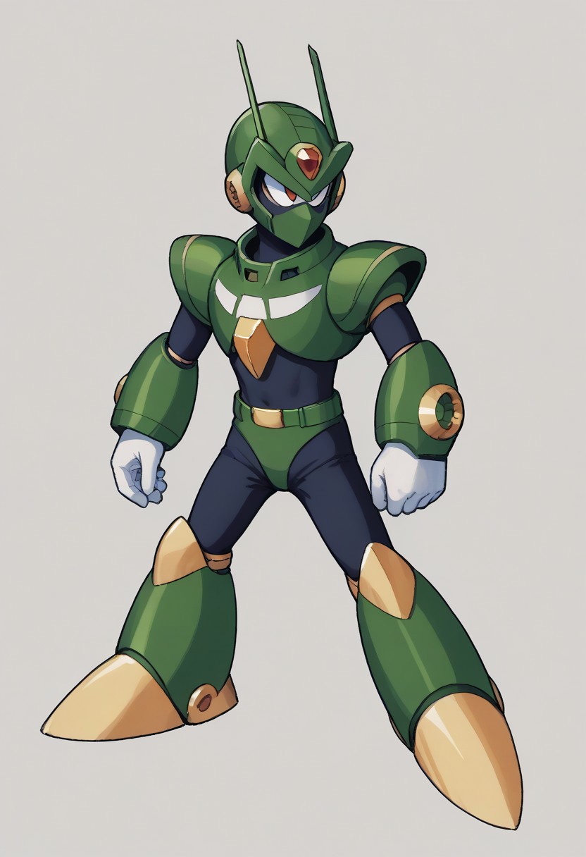 score_9, score_8_up, score_7_up, score_6_up, score_5_up, score_4_up, score_9 , score_8_up, score_7_up, source_anime, 1boy, solo, (sharp eyes), (covered mouth), (robot master), The character in the image is a vibrant and dynamic Reploid from the Mega Man X series. This Reploid has a humanoid design with a sleek, armored body. The head is distinctively topped with a large, yellow helmet that has a cannon-like attachment on the top, adding to its combat-ready appearance. The eyes glow with an intense blue light, giving the character a sharp, focused expression. The torso is solid and compact, featuring a mix of yellow and white armor with red accents that highlight the joints and connection points. The arms are robust and mechanical, with white gloves covering the hands, which are shaped into fists, ready for action, The character's legs are heavily armored, with large, yellow shin guards that add to its sturdy and resilient look. The feet are wide and equipped with strong, metallic soles, ensuring stability and strength in movement, vibrant color palette, futuristic character concept, KEIJI INAFUNE STYLE, <lora:KEIJI INAFUNE>, 1990s style, retro artstyle, anime coloring, traditional media, cel shading, hyperdetailed, 4k, 8k, masterpiece,