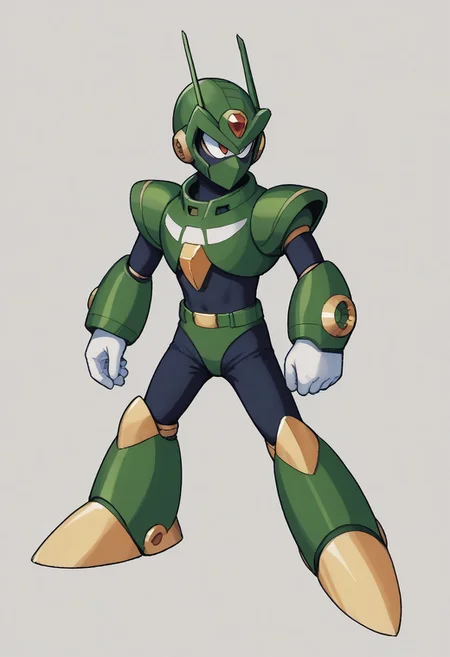 score_9, score_8_up, score_7_up, score_6_up, score_5_up, score_4_up, score_9 , score_8_up, score_7_up, source_anime, 1boy, solo, (sharp eyes), (covered mouth), (robot master), The character in the image is a vibrant and dynamic Reploid from the Mega Man X series. This Reploid has a humanoid design with a sleek, armored body. The head is distinctively topped with a large, yellow helmet that has a cannon-like attachment on the top, adding to its combat-ready appearance. The eyes glow with an intense blue light, giving the character a sharp, focused expression. The torso is solid and compact, featuring a mix of yellow and white armor with red accents that highlight the joints and connection points. The arms are robust and mechanical, with white gloves covering the hands, which are shaped into fists, ready for action, The character's legs are heavily armored, with large, yellow shin guards that add to its sturdy and resilient look. The feet are wide and equipped with strong, metallic soles, ensuring stability and strength in movement, vibrant color palette, futuristic character concept, KEIJI INAFUNE STYLE, <lora:KEIJI INAFUNE>, 1990s style, retro artstyle, anime coloring, traditional media, cel shading, hyperdetailed, 4k, 8k, masterpiece,