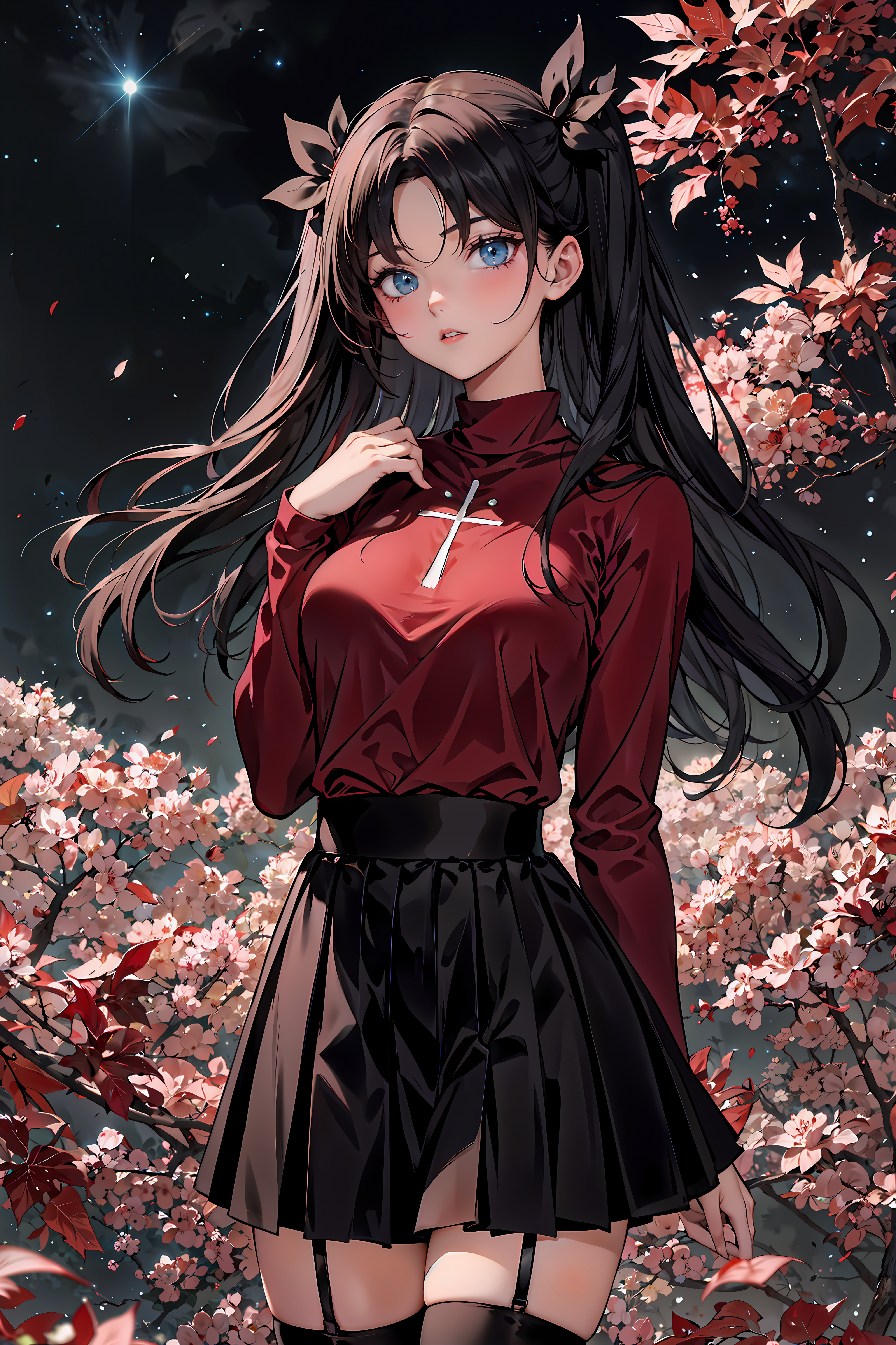 rin_tohsaka, tohsaka rin, dark hair, long hair, black hair, two side up, twin-tails, <lora:EPfsnRin:0.85>, EPfsnRin
BREAK
sweater, long sleeves, red sweater
BREAK
thighhighs, garter straps, zettai ryouiki, (black pleated skirt)
BREAK
beautiful jewel-like blue eyes, perfectly detailed anime eyes
BREAK
<lora:wrenchwhispersofzen:1>, wrenchwhispersofzen, black background, red theme, tree, leaf, flowers, east asian architecture, space, stars, galaxies