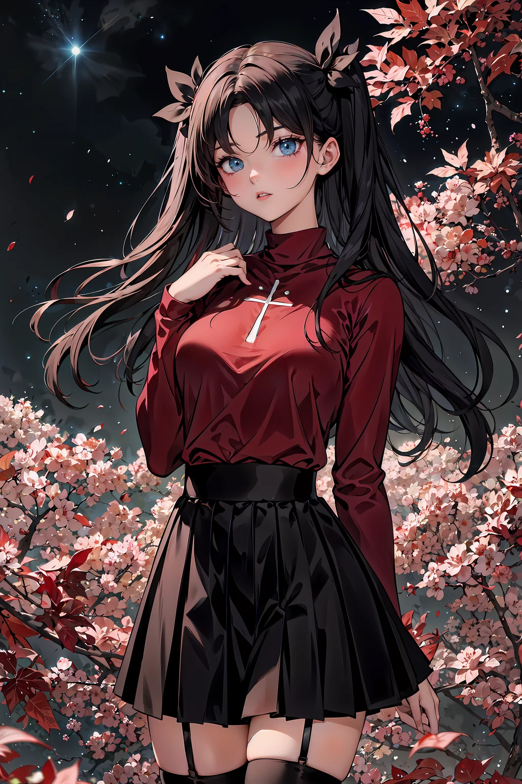 rin_tohsaka, tohsaka rin, dark hair, long hair, black hair, two side up, twin-tails, <lora:EPfsnRin:0.85>, EPfsnRin
BREAK
sweater, long sleeves, red sweater
BREAK
thighhighs, garter straps, zettai ryouiki, (black pleated skirt)
BREAK
beautiful jewel-like blue eyes, perfectly detailed anime eyes
BREAK
<lora:wrenchwhispersofzen:1>, wrenchwhispersofzen, black background, red theme, tree, leaf, flowers, east asian architecture, space, stars, galaxies