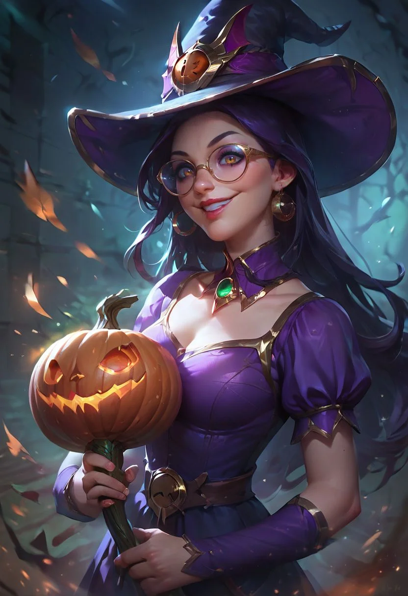 score_9, score_8_up, score_7_up, score_6_up, score_5_up, score_4_up, 1girl, solo, wearing purple top, glasses, long hair, dark hair, lip gloss, eye shadow, smile, portrait, close-up, holding pumpkin, <lora:ArtStyle_Bewitching_Fantasy:0.7> b3w1tch, witch hat, golden details, <lora:(1)RealistifyPONY:0.6>