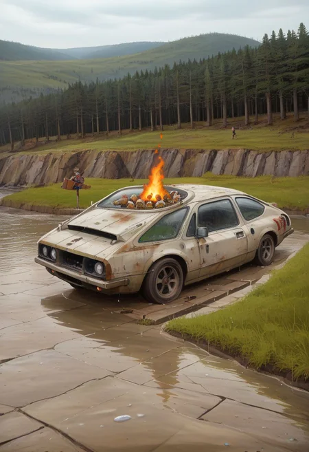 picturesque lake surrounded by a forest but is in a polluted dystopian landscape, in the foreground there is lake sign with the text" Croeso y llyn gellynoth. Oes yn y cont Iwan dewch wow."text:" <lora:text:.8>, human fecal matter on the floor in small piles, puddle of human waste wasteland, <lora:falloutlandsdxl:0.8>, falloutlandsdxl, epic landscape, best quality, masterpiece, award-winning, mushroom cloud, fire, retro-futuristic ruined car,