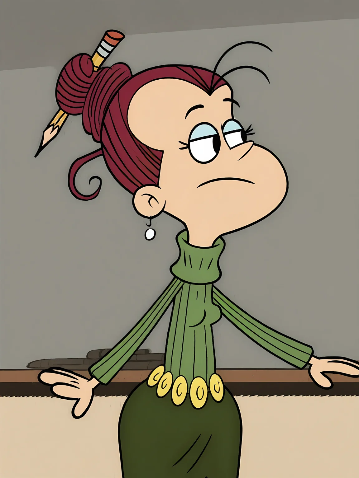 <lora:AgnesJohnsonPony1.0:1>agnesj, pencil in hair, turtleneck, solo, single hair bun, green sweater, belt, green skirt