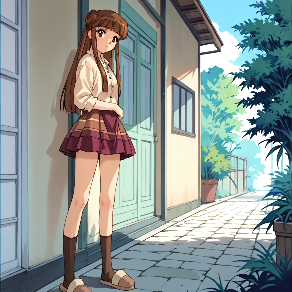 score_9, score_8_up, score_7_up, score_6_up, outdoors, <lora:Uruka_Sumeragi_ç_ããã_-_Steel_Angel_Kurumi_2_é¼éå¤©ä½¿ããã¿2å¼:1> uruka sumeragi, uruka, 1girl, solo, brown hair, long hair, blunt bangs, side locks, double bun, brown eyes, outfit-D, Pastel blouse, Maroon skirt, Striped skirt, Brown legwear, Slippers,