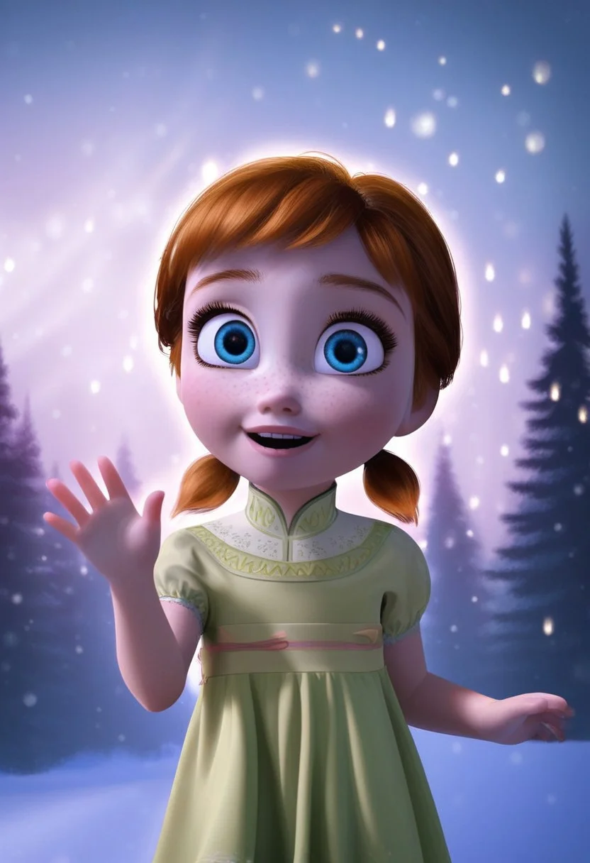 1girl, solo, anna, blue eyes, freckles, auburn hair, twintails, short twintails, green dress, relaxed eyes, waving, looking at viewer, foggy breath, child, outdoors, snowy forest, northern lights, aurora, dramatic lighting, sparkling lights, volumetric lighting, cinematic,