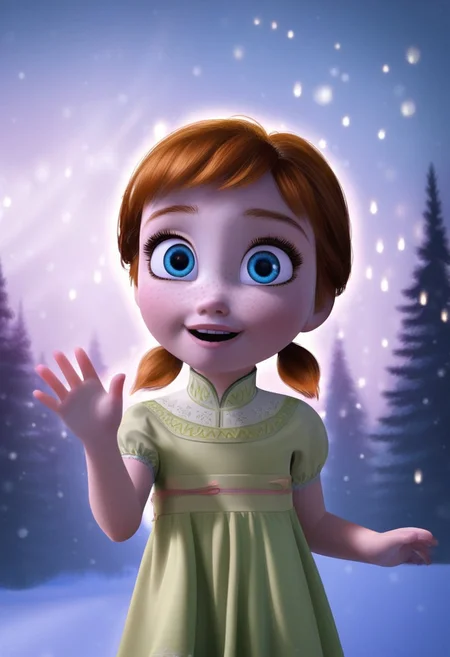 1girl, solo, anna, blue eyes, freckles, auburn hair, twintails, short twintails, green dress, relaxed eyes, waving, looking at viewer, foggy breath, child, outdoors, snowy forest, northern lights, aurora, dramatic lighting, sparkling lights, volumetric lighting, cinematic,
