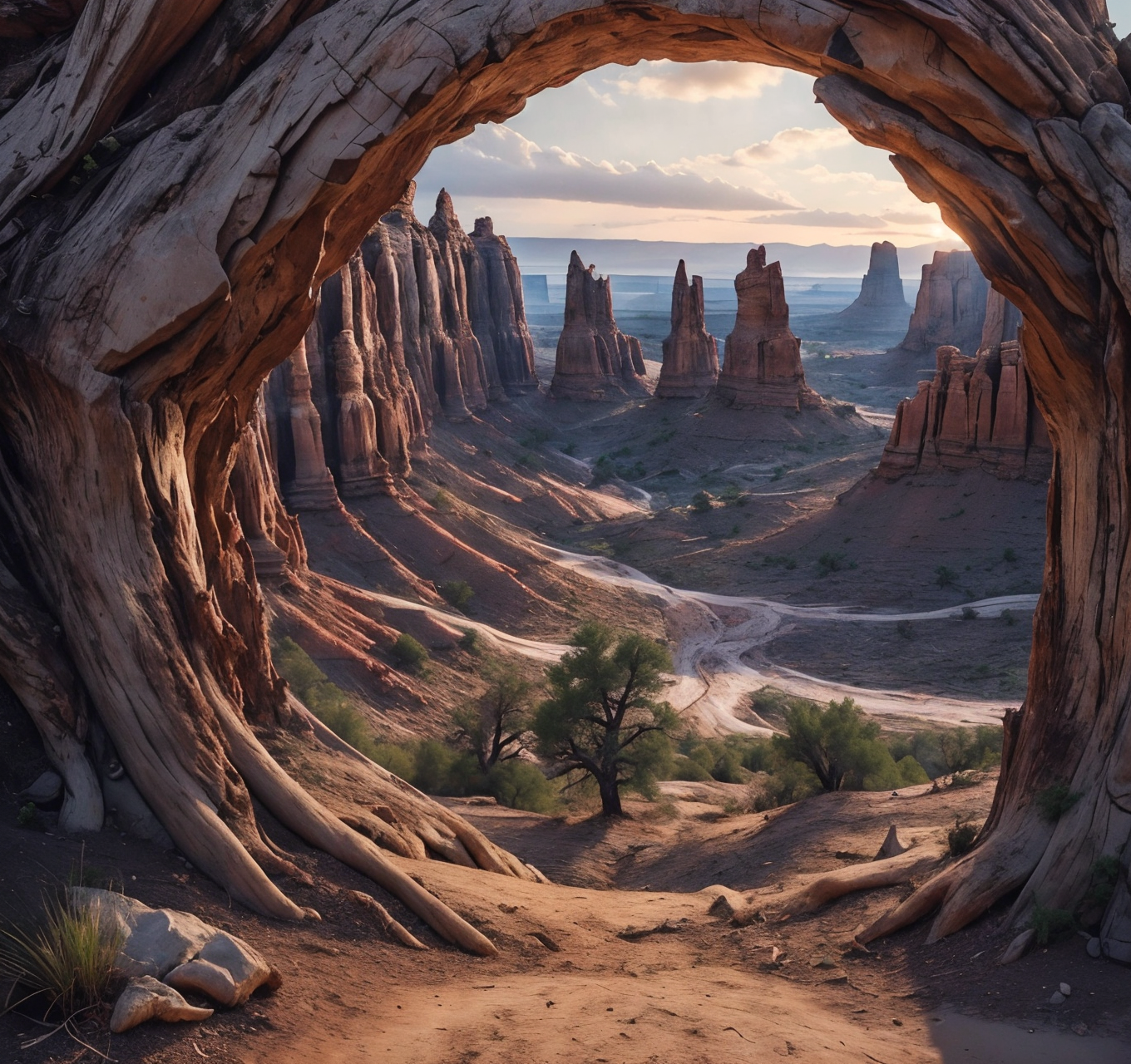 RAW photo, (masterpiece:1.3), subsurface scattering, heavy shadow, (high quality:1.4), (intricate, high detail:1.2), professional photography, HDR, High Dynamic Range, realistic, ultra realistic, photorealistic, high resolution, film photography, ambient lighting, atmospheric effects, <lora:detail_slider_v4:2>, OverallDetail,  <lora:Badlands:1>,arch, badlands, banner, blue sky, cloud, day, desert, dirt, grass, landscape, mountain, mountainous horizon, no humans, outdoors, planet, plant, realistic, red sky, river, rock, sand, scenery, sky, sunrise, tree stump
