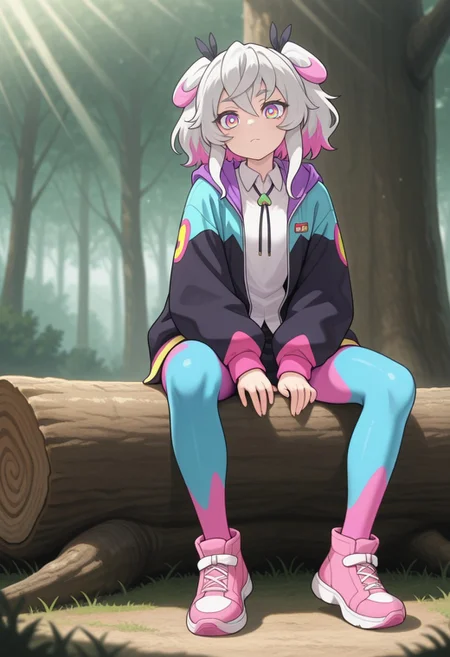 masterpiece,best quality,amazing quality, Pr3me, Multicolored Hair, Multicolored Eyes, Multicolored Jacket, Collared Shirt, Multicolored Pantyhose, Pink Footwear, sitting, legs apart, sunlight, on tree trunk