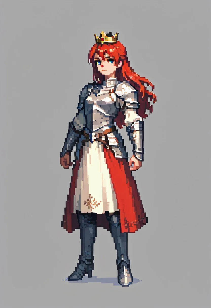 score_9, score_8_up, score_7_up, 1girl, solo, knight, armor, full body, long hair, red hair, crown, mace, weapon, white armor, holy, radiant, detailed, standing, strong, powerful, confident, elegant, regal, fantasy, medieval, high contrast, sharp focus, intricate design, metal armor, chivalry, heroic, noble, warrior.pixel art