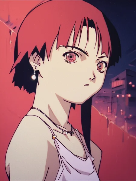 score_9, score_8_up, score_7_up, score_6_up, score_5_up, score_4_up, source_anime, rating_questionable, <lora:Lain_PonyXLv3:1> Lain, 1girl, solo, anime screencap, small breasts, night club, jewelry, earrings, (red theme),