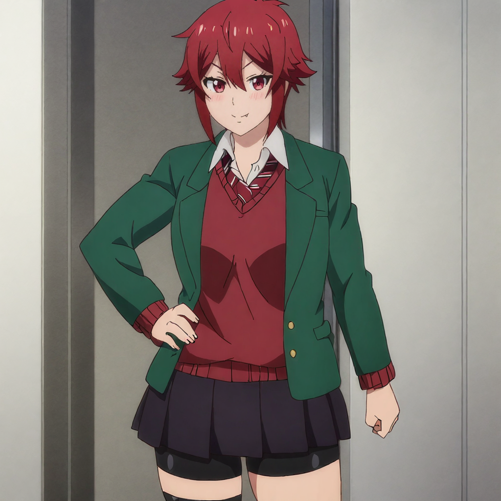<lora:Tomo_pony_v1:.8>TomoRedSweater, 1girl, red hair, short hair, school uniform, red eyes, pleated skirt, red necktie, bike shorts, jacket, cowboy shot