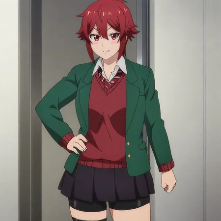 <lora:Tomo_pony_v1:.8>TomoRedSweater, 1girl, red hair, short hair, school uniform, red eyes, pleated skirt, red necktie, bike shorts, jacket, cowboy shot