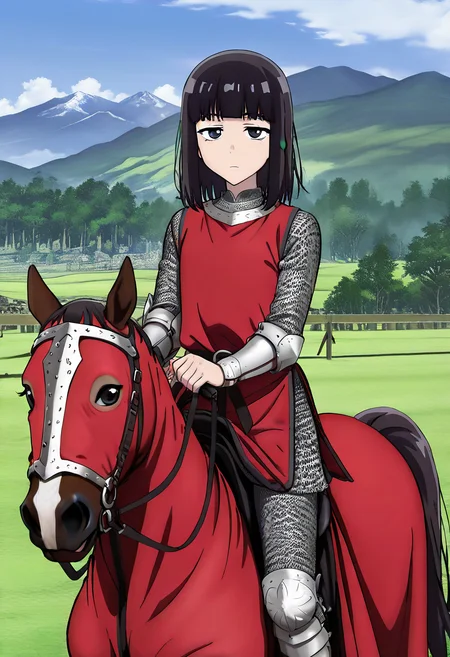 masterpiece, best quality, absurdres, detailed skin, detailed eyes, anime colored, anime screencap,
<lora:Suzushiro_Hatsuka_IL-000008:0.8>, 1 boy, femboy, Suzushiro Hatsuka, black hair, black eyes, looking at viewer, chainmail, expressionless,
<lora:Riding_horse_with_Caparison_IL:0.9>, ((colorful horsewithcaparison)), riding, horseback riding,
outdoors,