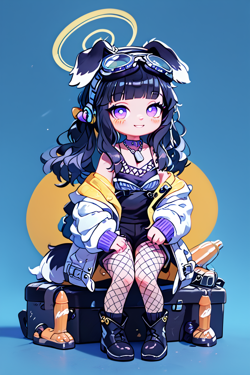 score_9, score_8_up, score_8, medium breasts, (curvy), cute, eyelashes,       BREAK, , ,,, zzHibiki, yellow eyes, black hair, long hair, animal ears, dog ears, dog tail, halo, (black shirt), white jacket, open jacket, black shorts, boots, fishnet pantyhose, off-shoulder, dog tags, purple eyes, <lora:Hibiki_BlueArchive_PDXL_v2:0.8>,   ,,,, BREAK, socks, big shoes, ,,, smile, looking at viewer, cowboy shot, ,,, embedding:zPDXL, Expressiveh, ,,, <lora:CuteToonPDXL:1.0>, <lora:SDXLFaeTastic2400:0.5>, <lora:Expressive_H-000001:0.4>,
