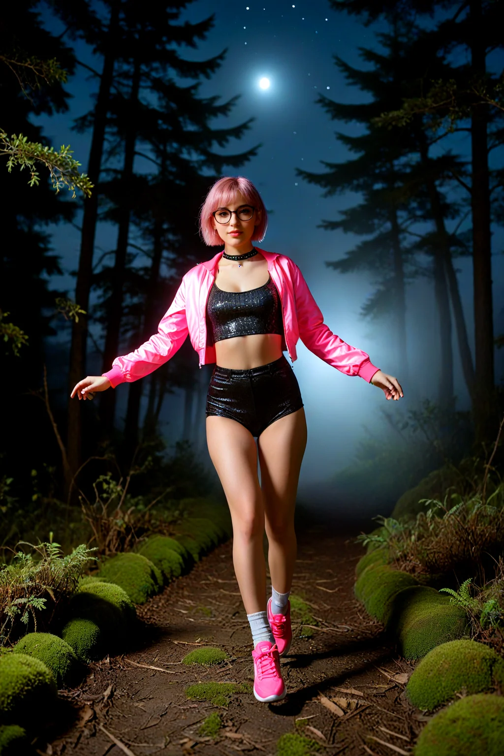 <lora:pytorch_lora_weights_361535:1>,<lora:Skin Color_alpha1.0_rank4_noxattn_250steps:-0.35>,A amateur photography of a 28 year old spanish 1Girl,fully clothed,solo,short hair Hair, soft pink Hair,, pink eyes ,,small breasts,flat_ass,petite,,kawaii,glasses,,choker,earrings,Natural makeup with defined eyes and a light mauve lipstick,
wearing tight silver foil-print bodysuit with chest zipper, cropped neon-bomber jacket on top, glowing in neon-Pink trainers, (glowing:1.2),(glowing in the dark:1.2).,
full body,(Running:1.1), (midair:1.1), (jumping in the air:1.2) running and jumping high with both arms flung upward, excited bright smile.,a vast forest glade under a (deep night sky:1.2), low fog drifting across the ground lit by threads of (soft cyan glowing:1.1) moss, shafts of moonlight slicing through the mist in sharp, angled beams.,, Masterpiece,best quality,realistic,HDR, 8K, masterpiece, best_quality, absurdres, ultra-detailed, highly_aesthetic, depth_of_field