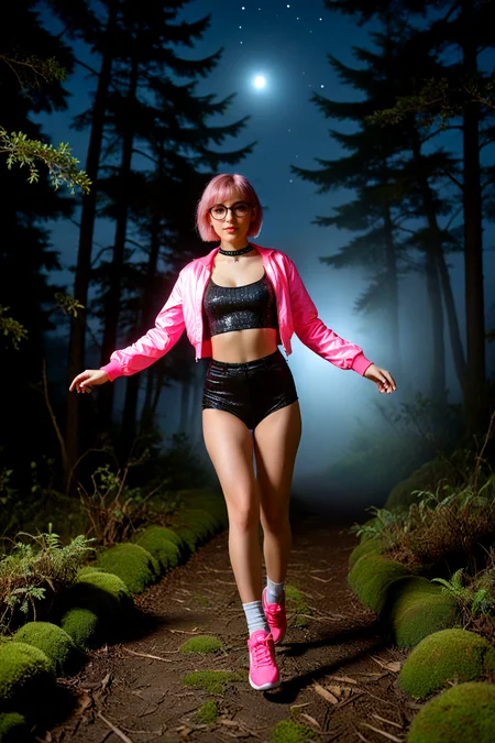 <lora:pytorch_lora_weights_361535:1>,<lora:Skin Color_alpha1.0_rank4_noxattn_250steps:-0.35>,A amateur photography of a 28 year old spanish 1Girl,fully clothed,solo,short hair Hair, soft pink Hair,, pink eyes ,,small breasts,flat_ass,petite,,kawaii,glasses,,choker,earrings,Natural makeup with defined eyes and a light mauve lipstick,
wearing tight silver foil-print bodysuit with chest zipper, cropped neon-bomber jacket on top, glowing in neon-Pink trainers, (glowing:1.2),(glowing in the dark:1.2).,
full body,(Running:1.1), (midair:1.1), (jumping in the air:1.2) running and jumping high with both arms flung upward, excited bright smile.,a vast forest glade under a (deep night sky:1.2), low fog drifting across the ground lit by threads of (soft cyan glowing:1.1) moss, shafts of moonlight slicing through the mist in sharp, angled beams.,, Masterpiece,best quality,realistic,HDR, 8K, masterpiece, best_quality, absurdres, ultra-detailed, highly_aesthetic, depth_of_field