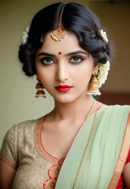 35mm photo, light on face, beautiful south indian, perfect detailed wide eyes, 1920s, soft colors, detailed eyes, delicate, cinematic, greens & blues, red lips.