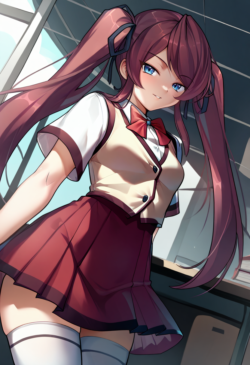 score_9,score_7_up,(source_anime),zPDXL2,bedroom BREAK
ar1sa,blue eyes,red hair,twintails,hair ribbon<lora:arisav32:1>
school uniform,vest,red skirt,white thighhighs,short sleeves,looking at viewer,cowboy shot, dutch angle,